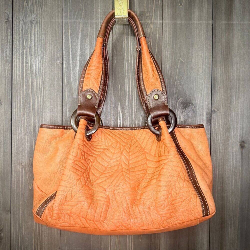 Fossil Modern Vintage Leaf Y2K Embossed Leather Bag Orange Brown Shoulder Tote